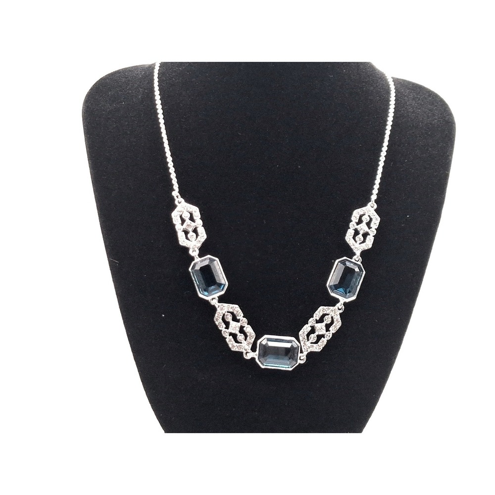 Lauren Ralph Lauren Necklace Womens OS Blue New Crystal Silver Tone Art Deco